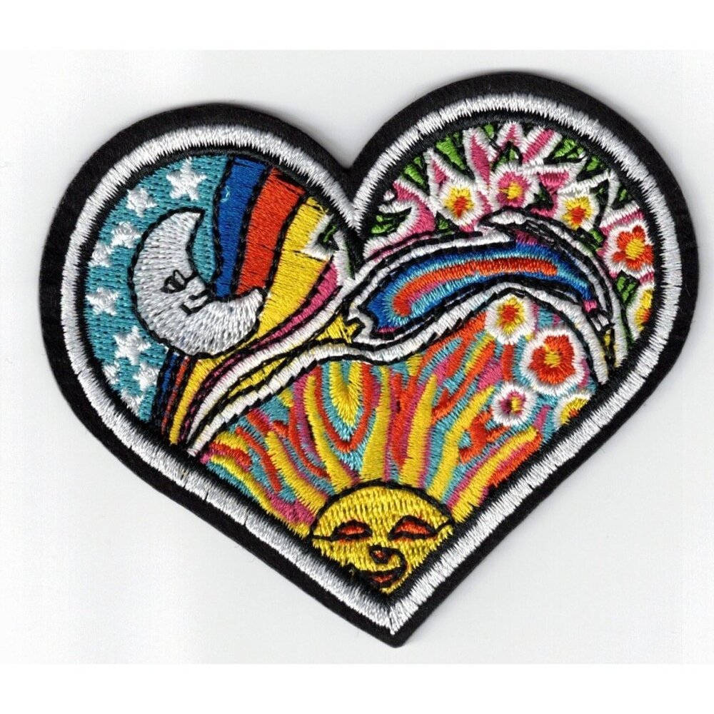 Heart Colorful Hippie Flowers 3in Embroidered Iron-on Patch - Picture 1 of 2